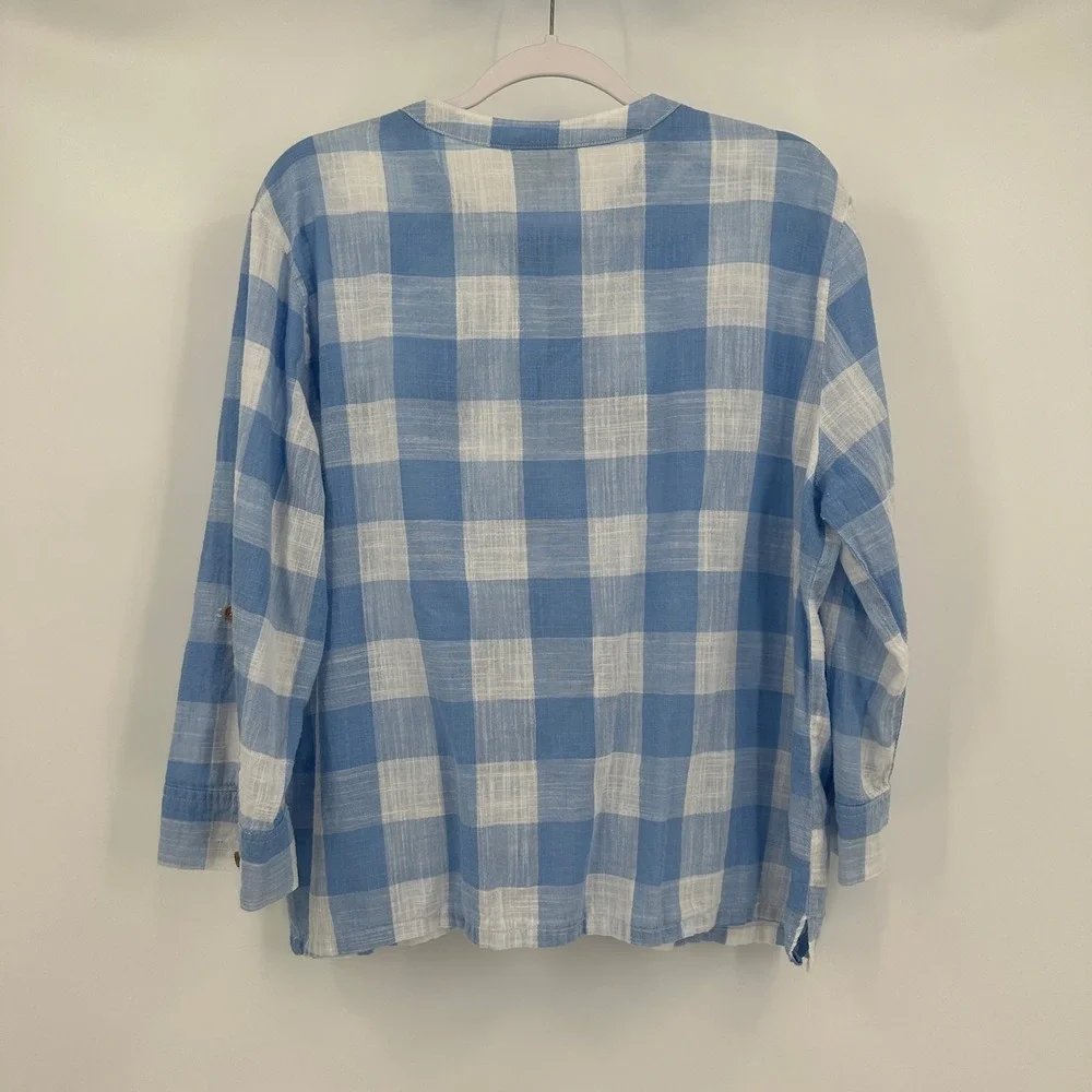 Womens Cottagecore Gingham Top Size XL Cotton Picnic Farmhouse Minimalist Blue - Picture 2 of 8